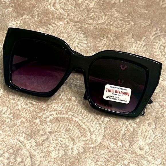 Brand New True Religion Chunky Shiny Black Square Frame Sunglasses Purple Lens - Picture 10 of 15